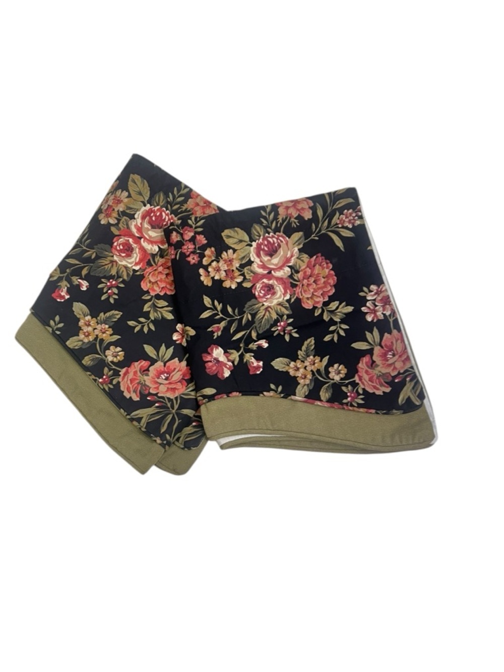 2 Country Curtains Floral Chintz Rose Bouquet Black Background Valances 51” Vtg